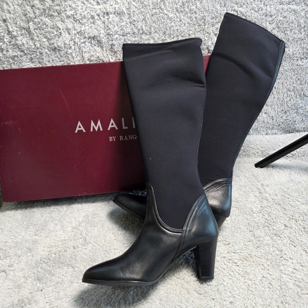 Amalfi Rangoni Black Italian Leather Stretch Calf Knee High Heel Boots 7.5M NEW